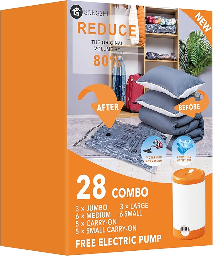 GONGSHI Vacuum Seal Bags for Clothing Travel & Home Storage, Travel Vacuum Bags with Electric Pump,Space Saver for Blankets, Comforters, Pillows, Clothes,28 Combo