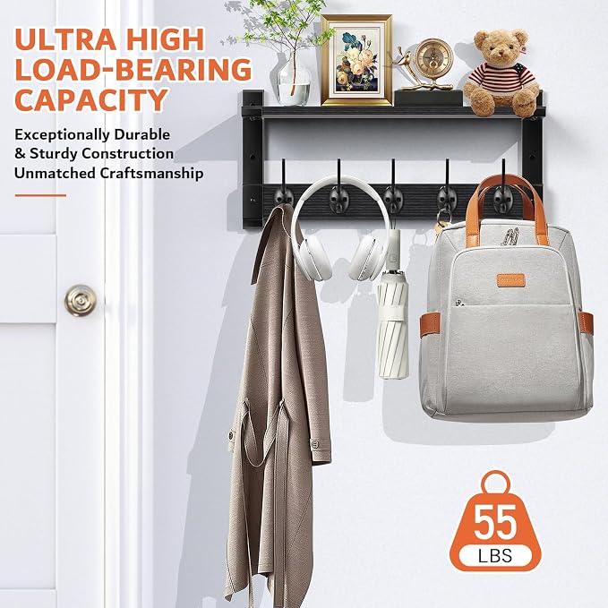 Oraich Wall Hooks with Shelf, Coat Rack Wall Mount, Entryway Hanging Shelf for Clothes Backpack Key Purse, Shelf with Hooks Hanging in Living Room, Bathroom, Bedroom, Kitchen