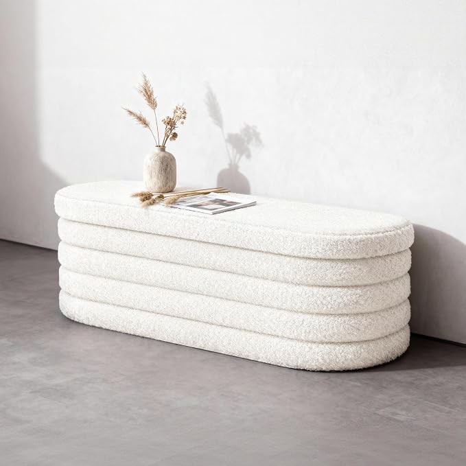 GLAXYFUR Storage Ottoman Bench, 43" Entryway Shoe Seat, Sherpa White | Upholstered Oval Ottoman with Storage, End of Bed Stool Blanket Chest, For Living Room, Hallway