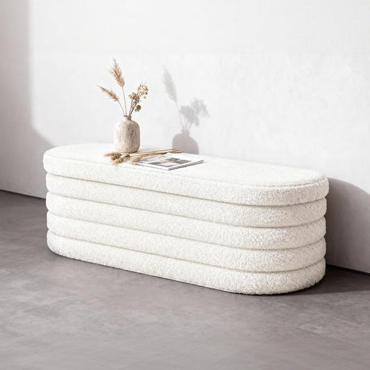 GLAXYFUR Storage Ottoman Bench, 43" Entryway Shoe Seat, Sherpa White | Upholstered Oval Ottoman with Storage, End of Bed Stool Blanket Chest, For Living Room, Hallway