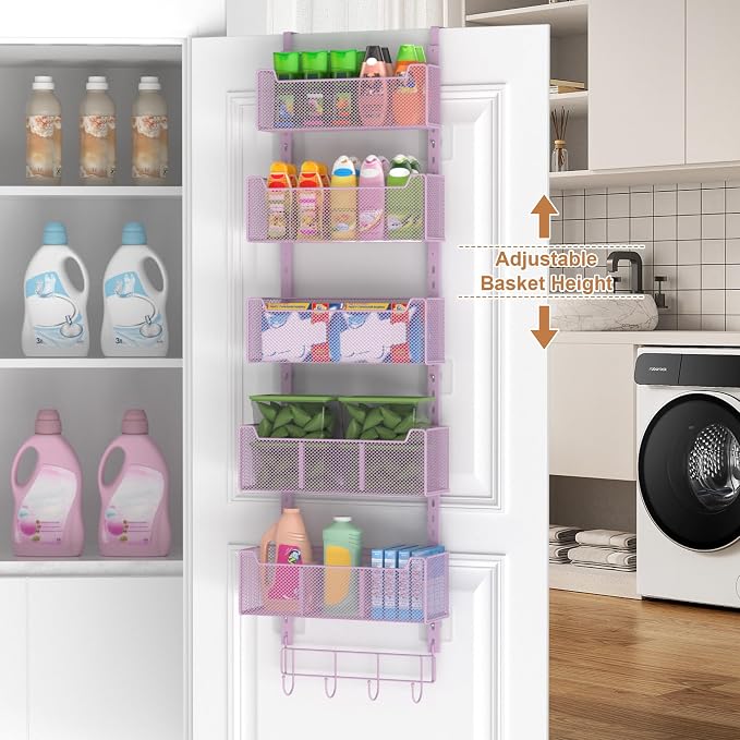 VyGrow Over The Door Organizer, Metal Door Organizer Hanging with 5 Adjustable Baskets and Coat Hook, Behind The Door Storage for Bedroom Closet Bathroom Pantry Cabinet Kitchen, Purple