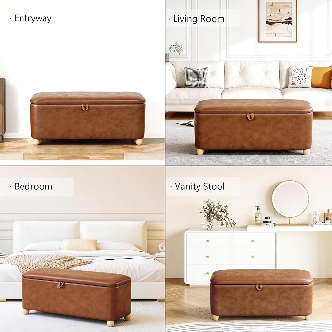 Homebeez 40 inch Storage Ottoman Bench, Faux Leather Upholstered Foot Rest Stool for Bedroom, End of Bed Bench for Living Room, Entryway (Vintage Brown)