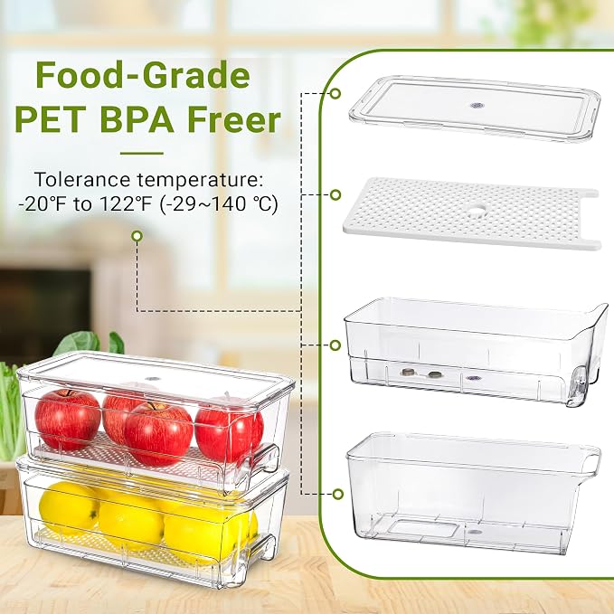 Imncya Fridge Organizer Bins, Clear Stackable Pull Out Fridge Drawer Organizer, Refrigerator Organizers and Storage Container for Fruits, Vegetables, Drinks, Food ( 2 Pack Clear)