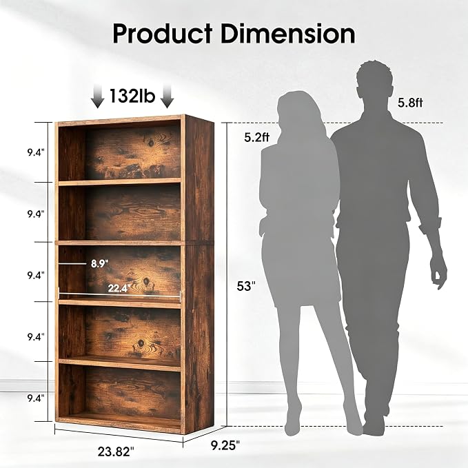 HealSmart 5 Tier Bookcase, Industrial 5 Book Shelf, 9.2" D x 23.8" W x 53" H Tall Open Cube Storage Organizer for Home Office, Living Room, Bedroom and Dinning Room, Brown