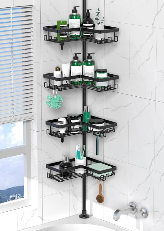 DAOYA Corner Shower Caddy Tension Pole 4 Tier Shower Caddy Organizer Black | Space Saver, 28 Hook, Soap Dish, Razor Holder, Rustproof, For Bathtub Bathroom, Floor to Ceiling 25-114 Inch, Simple Install