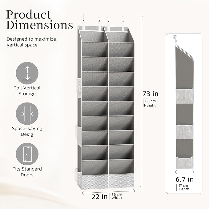 Over the Door Shoe Organizer, 20-30 Pairs Heavy-Duty Hanging Shoe Storage with Large Pockets, 10-Tier Door Shoe Rack with 4 Hooks for Sneakers Sandals Heels Boots (Gray)