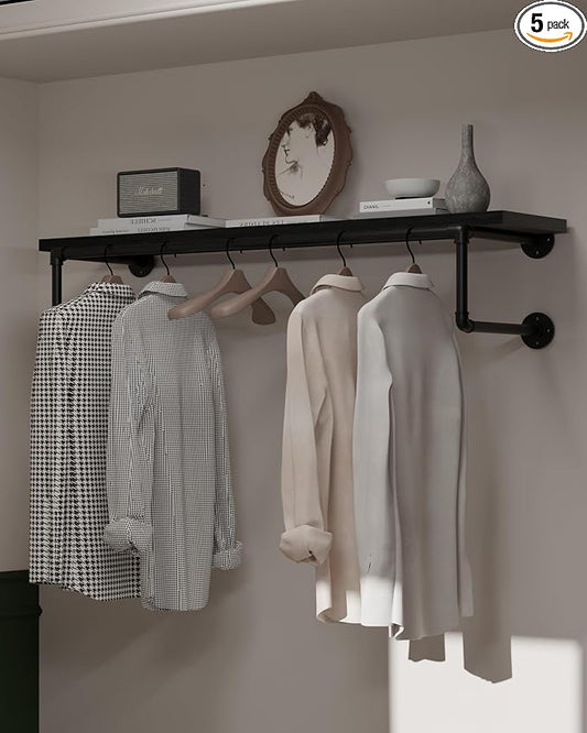 Clothes Rack 42in, Wall Mounted Garment Racks with Real Black Wood Shelf, Heavy Duty Hanging Clothes Rack, Multi-Purpose Hanging Rod, Space-Saving Closet Storage