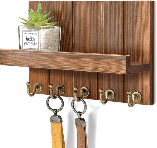 Rebee Vision Key Holder Wall Mount with Shelf for Entryway, Retro Brown | 3.54" x 10" x 7.28", 5 Key Hooks, Pine Wood, Key Holder for Wall for Home Decor, Mail Organizer, Home Organizaition