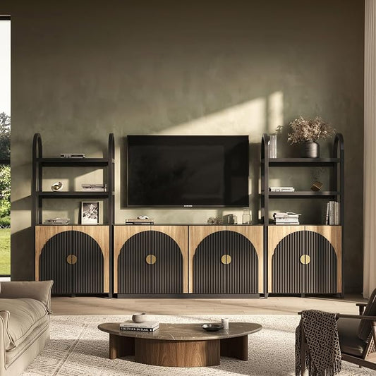 BELLEZE 3-Piece Arched TV Stand Entertainment Center with Storage, Mid Century Modern 2-Piece 72″ Tall Storage Cabinets and 65″ Fluted TV Console for Living Room (Camel)