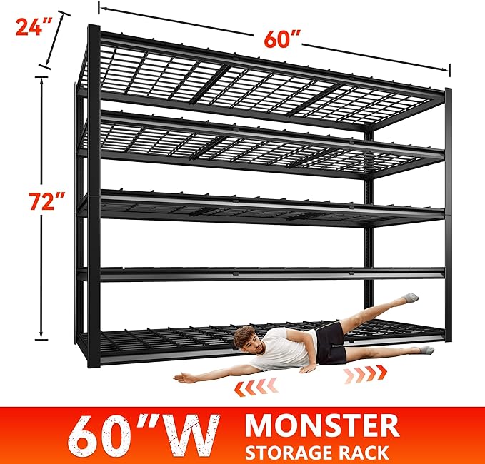 REIBII 60"W Heavy Duty Garage Shelving,3000LBS Storage Shelves For Basement | 5 -Tier Metal Shelving,Adjustable Rack,Reinforced Steal bars,for Industrial Shop Commercial Warehouse,60 W x 24" D x 72" H