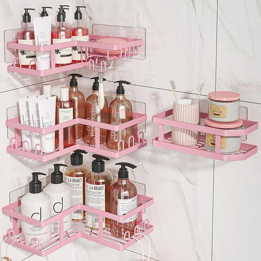 Youvip 4-Pack Adhesive Corner Shower Caddy with Soap Holder, No Drilling Wall Mounted Shower Shelves-Rustproof, Organizer for Bathroom, Kitchen & Home Decor. Pink
