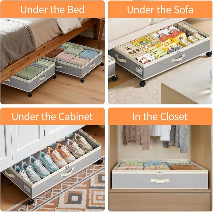 Yecaye 80L Large Under Bed Storage Containers with Wheels, 2 Pack, Grey | 80L Capacity, Space-saving, 360° Rolling Wheels, Clear Window & Label, Sturdy Fabric, For Clothes, Shoes, Blankets