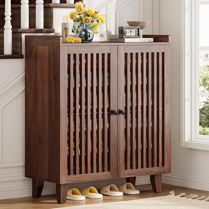 IRONCK Shoe Cabinet with Slatted Doors, 6-Tier Shoe Storage Cabinet with Adjustable Shelves, Wooden Shoe Rack Organizer for Entryway, Hallway, Closet, Living Room, Walnut