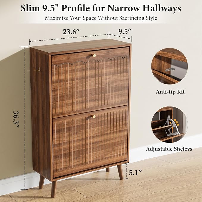 Nicetree Shoe Storage Cabinet for Entryway, 9.5inch Slim Shoe Rack with 2 Flip Drawers, Mid-Century Modern Walnut Shoe Cabinet Storage, Narrow Shoe Organizer with Adjustable Shelves for Small Spaces