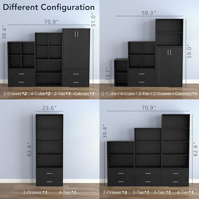 Homes: Inside + Out Apexa 3-Tier Cube Storage Organizer Shelves, Stackable Wood Bookcase Fits Cubby Bins for Organization, Dorm Teen Room Decor & Home Office, Black