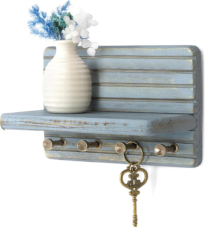 Rebee Vision Key Holder Wall Mount with Shelf & 4 Hooks for Entryway, Blue | Pine Wood, Key Holder for Wall, Mail Organizer, Room Decor, Compact Storage Accent, Home Essentials for Home Improvement