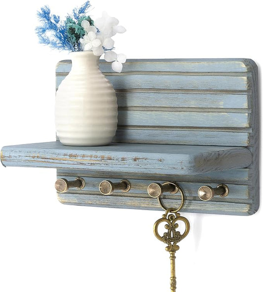 Rebee Vision Key Holder Wall Mount with Shelf & 4 Hooks for Entryway, Blue | Pine Wood, Key Holder for Wall, Mail Organizer, Room Decor, Compact Storage Accent, Home Essentials for Home Improvement