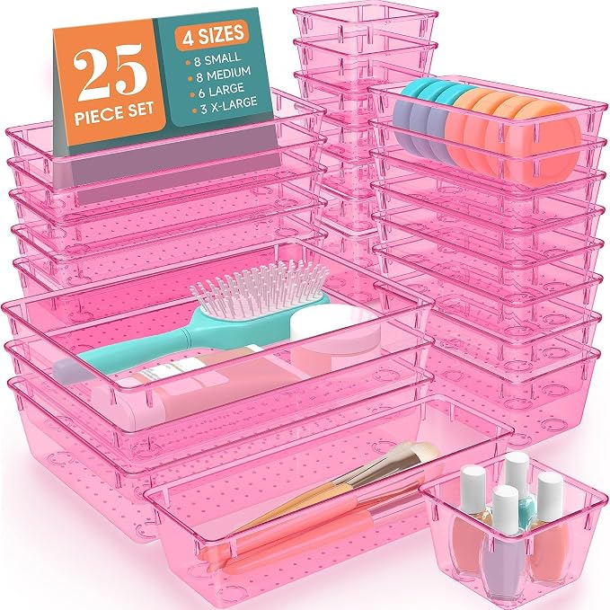 SpaceHacks 25 PCS Plastic Drawer Organizer Set, 4-Size Versatile Organizer Trays & storage Bins for Makeup, Jewelry, and Gadgets in Bathroom, Bedroom and Office, Clear Pink
