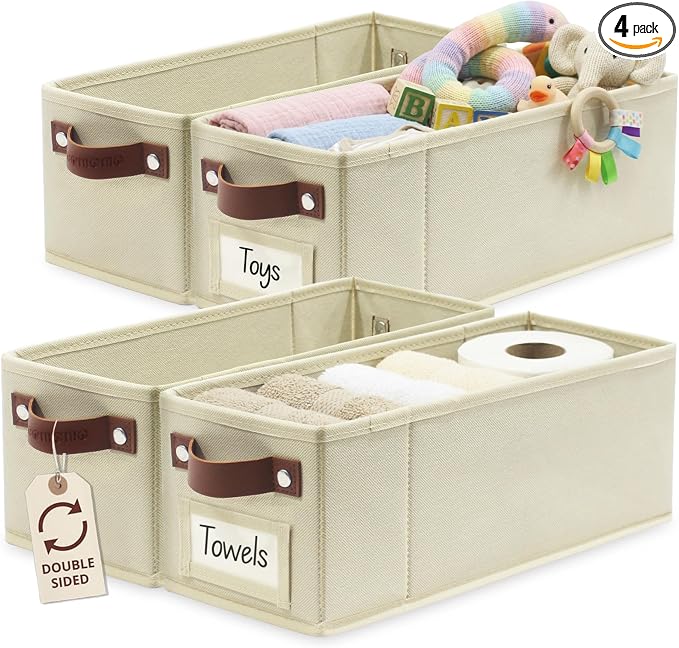 DECOMOMO Narrow Storage Bins, Small Basket with Handles (Beige, 4 Pack) | 15 x 5.9 x 5.5 inches Storage Basket, Fabric Storage Bins with Labels