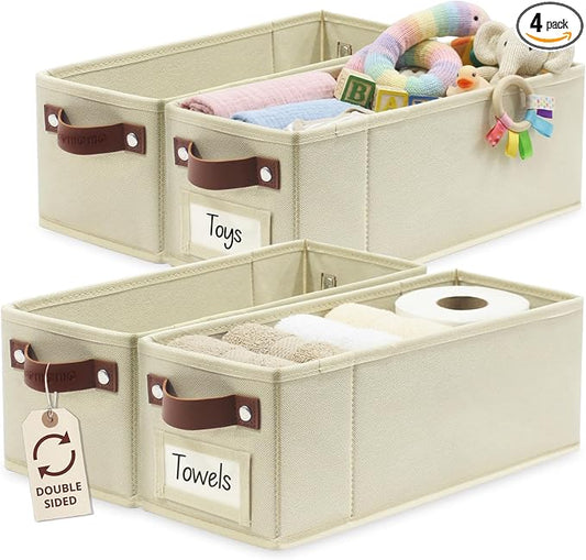 DECOMOMO Narrow Storage Bins, Small Basket with Handles (Beige, 4 Pack) | 15 x 5.9 x 5.5 inches Storage Basket, Fabric Storage Bins with Labels