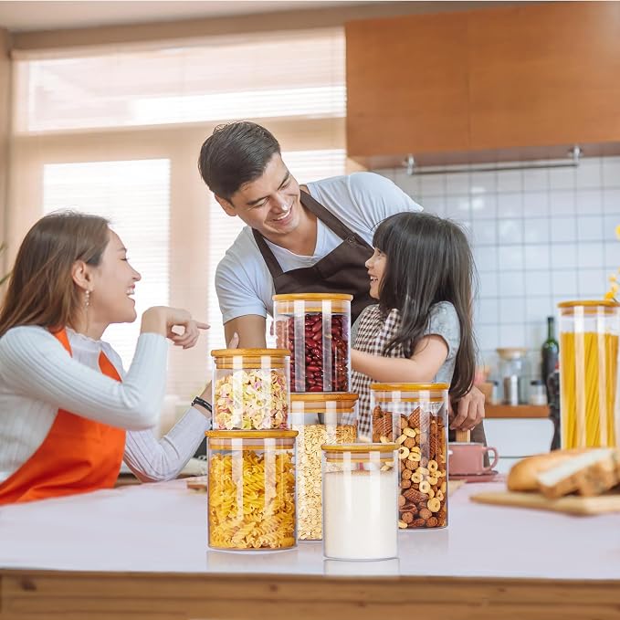 Vtopmart Glass Food Storage Jars, 7 Pack Kitchen Containers with Airtight Bamboo Wooden Lids for Pasta, Cookies, Nuts, Coffee Beans, Cereal, Canisters Set for Flour, Pantry Organization, BPA Free | 7-Pack Multi-Size Canisters Set for Pasta, Cookies, Nu...