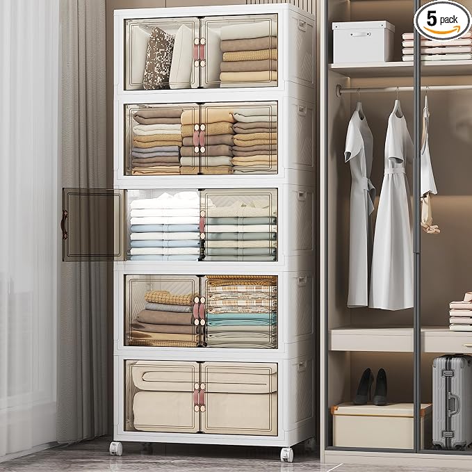 UAMFURI Stackable Storage Bins, 560QT Collapsible Drawers with 1 Lid | Large Capacity, Magnetic Door, Stack Lock, Rolling Wheels, Foldable Design, Organizers and Storage for Bedroom Dorm Garage