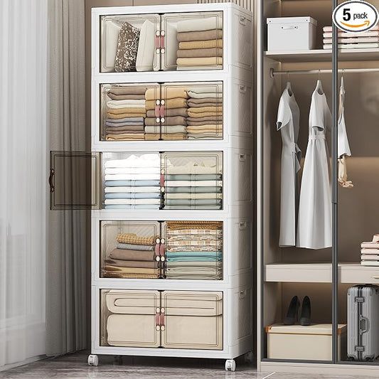 UAMFURI Stackable Storage Bins, 560QT Collapsible Drawers with 1 Lid | Large Capacity, Magnetic Door, Stack Lock, Rolling Wheels, Foldable Design, Organizers and Storage for Bedroom Dorm Garage