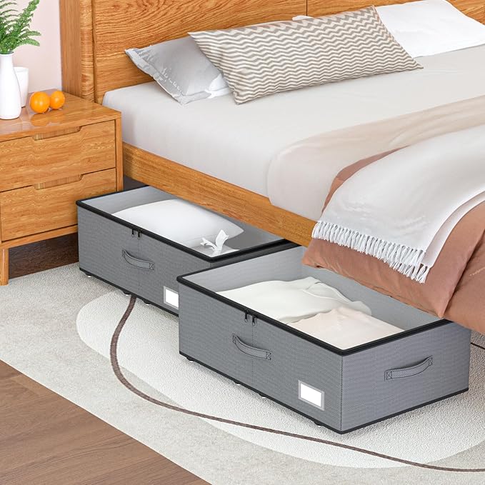 EE-RoomWorld Under Bed Storage with Wheels, No Assemble Required 10 inches height Under Bed Storage bins,Large capacity Rolling Underbed Shoe Storage containers，dorm underbed storage drawers