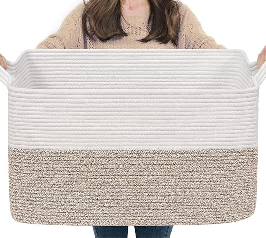Goodpick 75L Extra Large Woven Storage Basket, 22" x 17" x 12", Light Brown | Rectangle Cotton Rope Basket, Blankets, Pillows & Toys Storage, Living Room & Bedroom Organization, Natural Home Decor