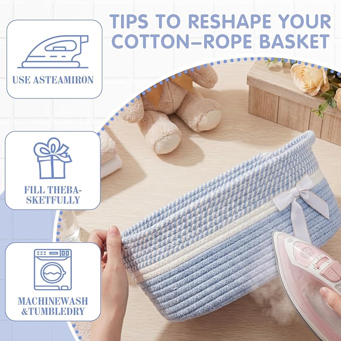 Colingmill 1 Set Woven Empty Basket for Gift,Blue White | with Cellophane Wrap Set, 14 x 10 x 5.5 Inch, Medium Decorative Gift Basket, Cotton Rope Storage Box, Home Decor