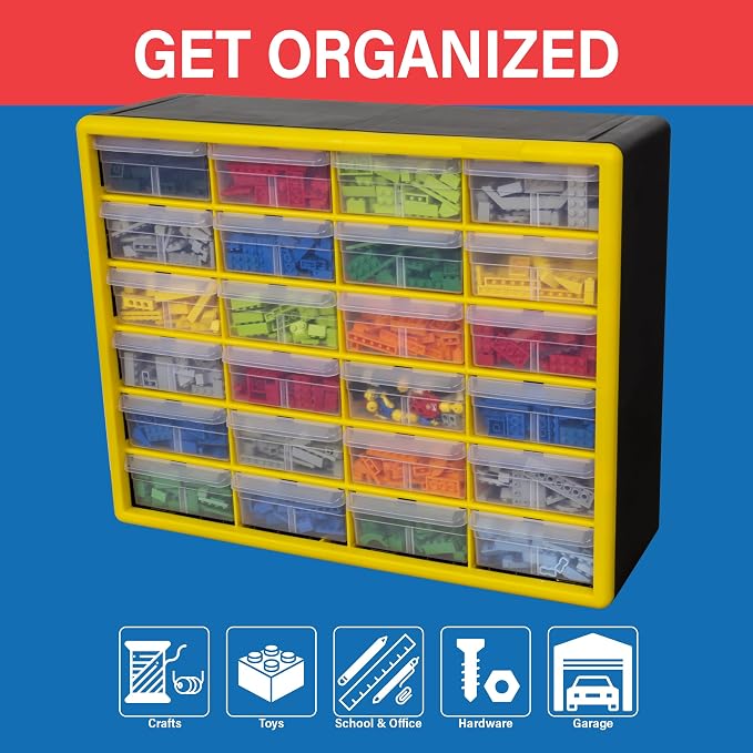 Akro-Mils 24-Drawer Plastic Storage Cabinet, 20"W x 6"D x 16"H, Yellow | Plastic Cabinet w/ Drawers for Garage Organization, Beads, Building Bricks Storage, Teacher Toolbox, Makeup Organizer, 10124