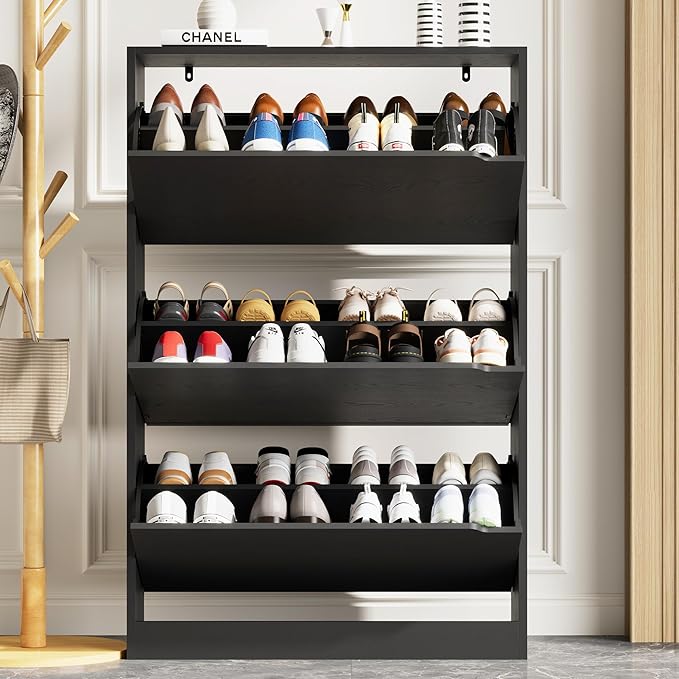 Xixini Shoe Storage Cabinet for Entryway with 3 Flip Drawers, Sturdy Wood Hidden Shoe Storage, Freestanding Narrow Slim Shoe Organizer for Front Door Entrance, Living Room, Hallway, Bedroom, Black