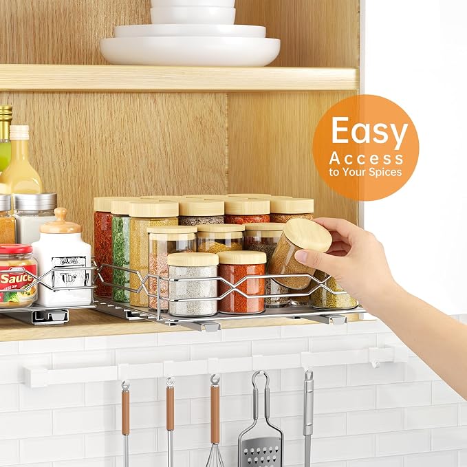 Pull Out Spice Rack Organizer for Cabinet, Chrome, 8.5"W x 10.5"D x 2.5"H | Slide Out Design, No Drill Asembly, Fits Spices, Bottles & Jars, Ideal For Narrow Kitchen Cabinets & Pantry