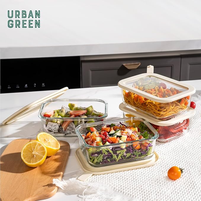 Glass Food Storage Containers with Glass Lids, Microwave Safe Food Container Set, Airtight Food Container Set, LeakProof, 100% Plastic Free, White Color, 4pack