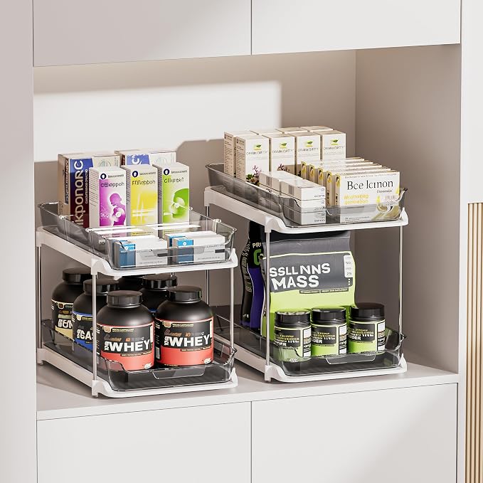 Delamu 2-Tier Multi-Purpose Bathroom Under Sink Organizers and Storage, Stackable Kitchen Pantry Organization, Pull Out Medicine Cabinet Organizer with Movable Dividers, Grey, 4 Pack