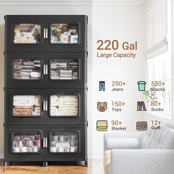 BROVIEW 300 Qt/75 Gal Stackable Storage Bins with Lids, 1 Pack, Black | Large Stackable Storage Boxes w/ 1 Lid Folding Plastic Cart Organizer for Home Kitchen, Open Front Clear Door with Wheels