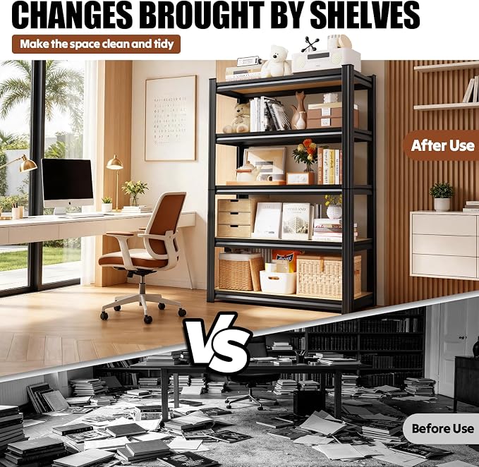 78''H Storage Shelves, Wood Garage Shelving,Adjustable Heavy Duty Shelving Unit,5T Tall Garage Shelves，Wood Metal Standing Shelf Units,Utility Rack for Kitchen 78''H*45.6''W*19.7''D