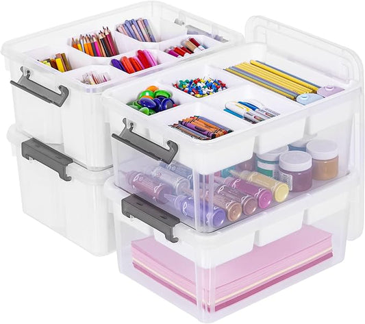 Citylife 17QT 4Packs Clear Craft Organizers and Storage Bins with Lids | Stackable Art Supply Organizer with Tray and 6 Inserts for Markers, Crayons, Pencils, Tools, Playdoh, Coloring Books