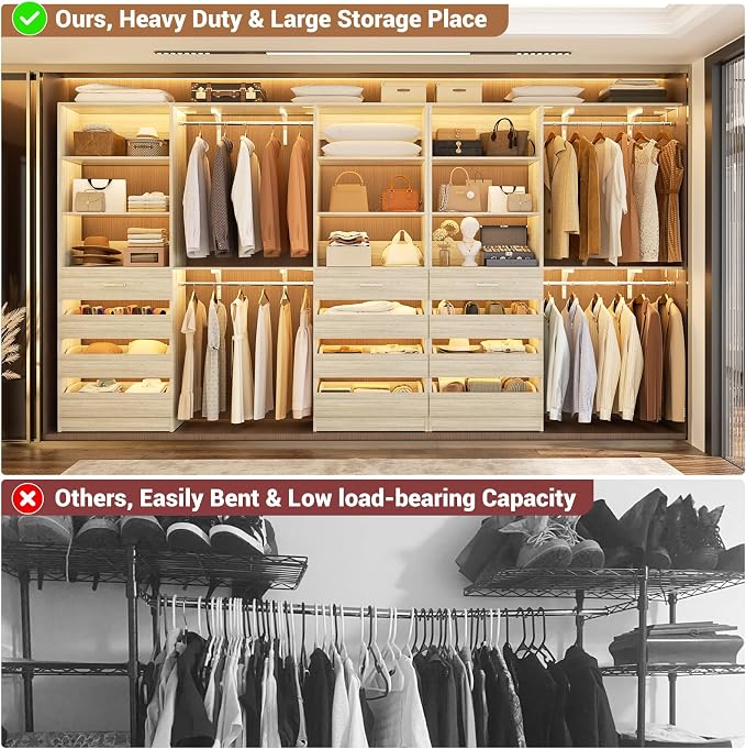 Aheaplus Closet System Set of 3, 138.5" Wood Closet Organizer System Tower with 12 Drawers & 4 Hanging Rods, 6.7+4.85Ft L Shaped Walk-in Closets Wardrobe Organizer Garment Rack with Shelf, White Oak3