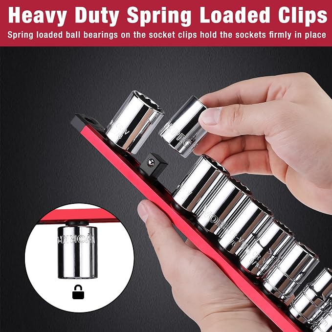 WORKPRO Magnetic Socket Organizer, Heavy Duty 3/8-Inch Drive Socket Rail | 1 Piece Socket Holder with 10 Spots, Aluminum Alloy, Rotatable & Movable Clips, Efficient Organization