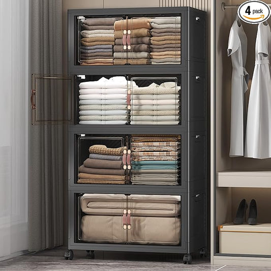 UAMFURI Stackable Storage Bins, 480QT Collapsible Drawers with 1 Lid | Large Capacity, Magnetic Door, Stack Lock, Rolling Wheels, Foldable Design, Organizers and Storage for Bedroom Dorm Garage