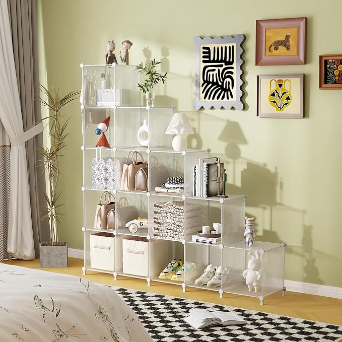 AWTATOS Cube Storage Organizer, 16 Cube Closet Organizers, Clear | DIY Stackable Storage Cube Shelves, Portable Closet, Plastic Clothes Organizer Shelving for Bedroom, Home Office