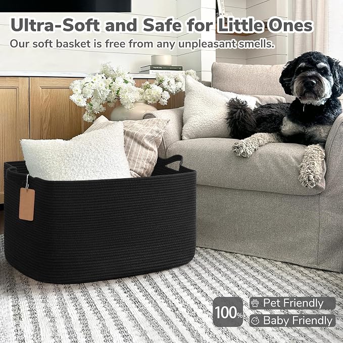 Goodpick Extra Large Woven Blanket Baskets, Cotton Rope, Black | 75L, 22 × 17 × 12 in, Reinforced Handles, Nursery Essentials Organization, Blankets, Pillows, Toys & Clothes Storage