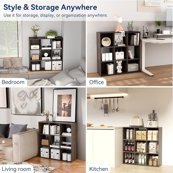 Whitmor 9 Cube Storage Organizer, 3 Tier Stackable MDF Wood Bookcase, Open Storage Display Bookshelf, Storage Cabinet for Living Room, Bedroom, Home, Office, 35.5" L x 11.7" W x 35.5" H, Espresso