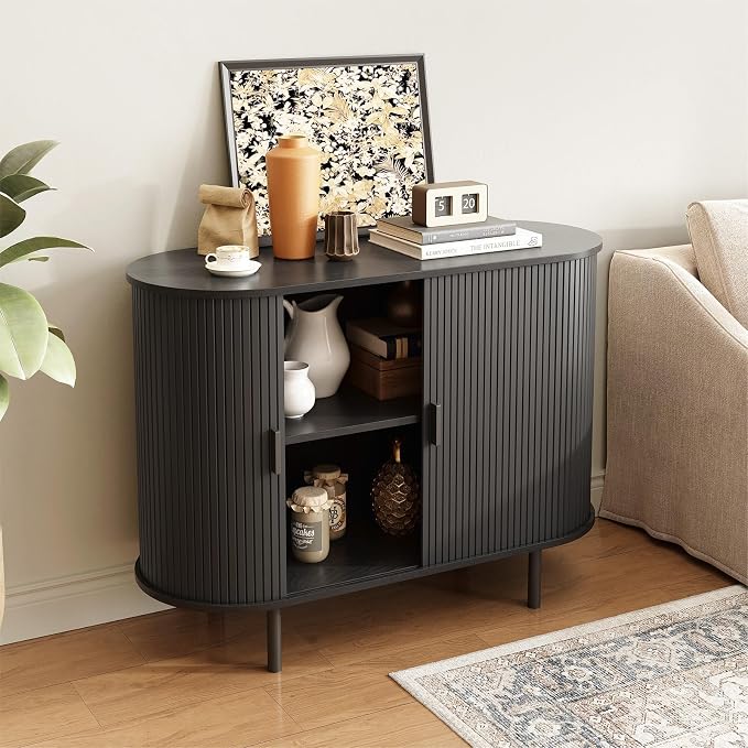 40" Sideboard Buffet Cabinet with Storage, Storage Cabinet with Sliding Door & Adjustable Shelf, Modern Accent Coffee Bar Console Table for Kitchen, Entryway, Black