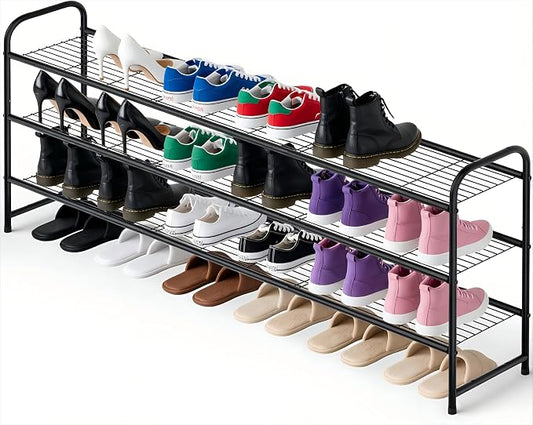 Ekisemio 3-Tier Long Metal Shoe Rack, Wide Stackable Shoe Organizer for Closet & Entryway, with Sturdy Wire Grid Storage Shelf for Bedroom, Black