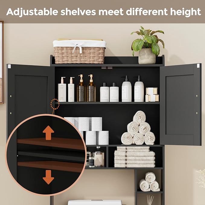 Homhedy Wooden Over The Toilet Storage Cabinet with Barn Door | Freestanding Bathroom Storage, Toilet Paper Holder, Adjustable Shelf,Space-Saving, Farmhouse Style, Black