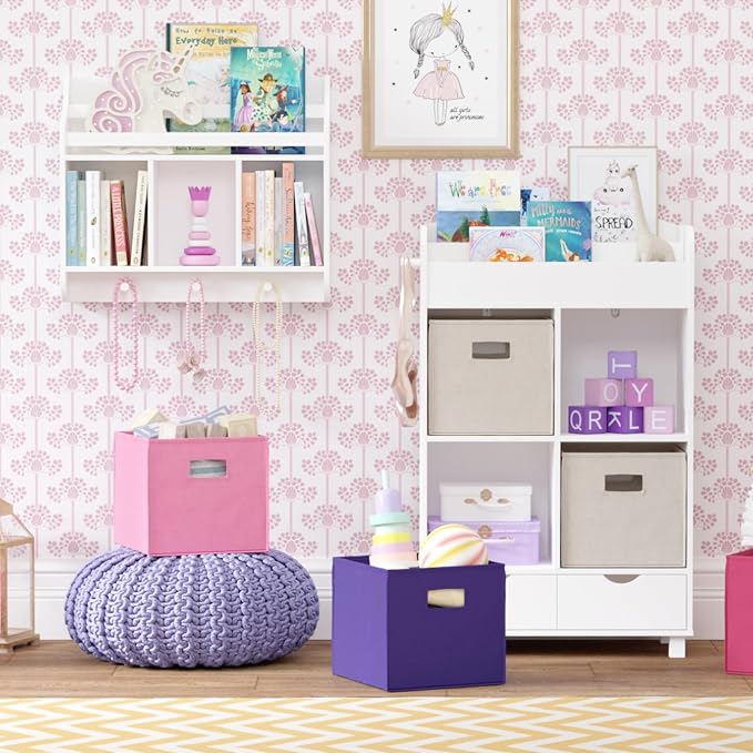 RiverRidge Folding Storage Bins - 2-pack of 10in Tall Pink Cubes | Fabric Bins, Set of 2 Storage Cubes, Cut-out Handles, Playroom Closet Organizer, Collapsible Cubby with Bottom Board Insert