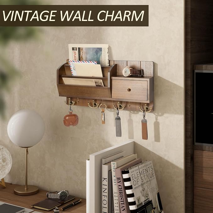 Rebee Vision Key Holder Wall Mount with 7 Hooks for Entryway,Brown & Golden | Mail and Key Organizer for Wall, Sorts Letters and Files, Keeps Small Items Organized, Key Hanger, Ideal for Home Decor