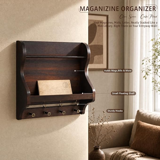 Acacia Wood Mail Organizer Wall Mount with 7 key Hooks Entryway, Dark Brown | Mail Holder for Wall, Key Rack for Keys and Wallets, Mail Holder, Farmhouse Magazine Holder, Wood Decor, Home Organization